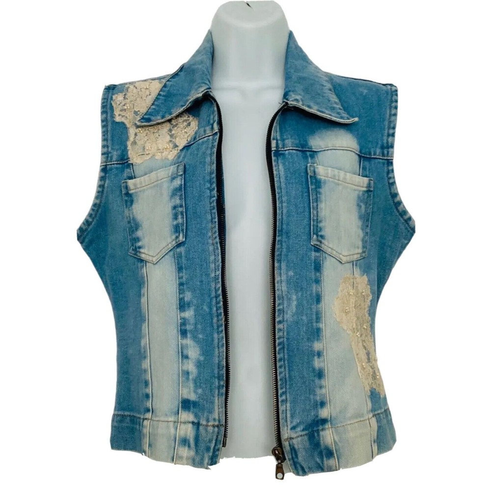 Les Rivales Lace Distressed Light Wash Denim Zip Up Jean Vest Size 40/US Size M
